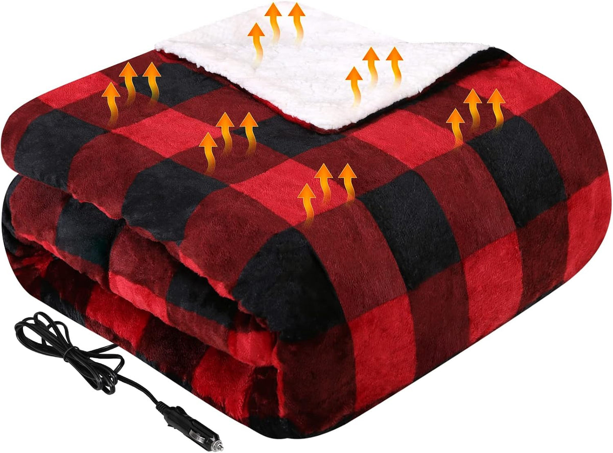 Westinghouse Heated Car Blanket, Red Buffalo Plaid, Machine Washable 59x43