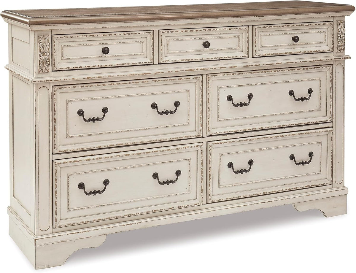 Signature Design by Ashley 7 Drawer Dresser for Bedroom, Two-Tone White | French country aesthetic with distressed wood top, Smooth-gliding dovetail joints and bronze-tone hardware, Realyn Series
