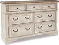Signature Design by Ashley 7 Drawer Dresser for Bedroom, Two-Tone White | French country aesthetic with distressed wood top, Smooth-gliding dovetail joints and bronze-tone hardware, Realyn Series