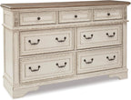 Signature Design by Ashley 7 Drawer Dresser for Bedroom, Two-Tone White | French country aesthetic with distressed wood top, Smooth-gliding dovetail joints and bronze-tone hardware, Realyn Series