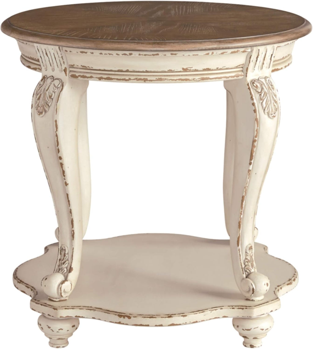 Ashley Realyn 60" Home Office Desk with USB Charging & Round End Table, Chipped White