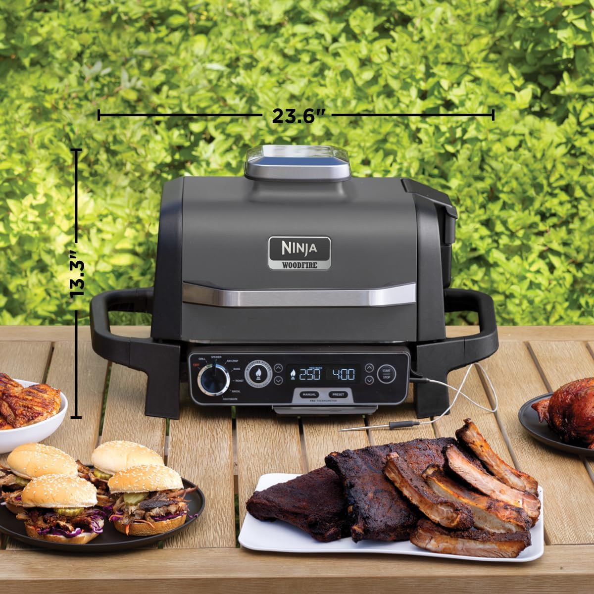 Ninja Woodfire™ Pro Outdoor Grill with Built-in Thermometer, OG751 | Ninja Woodfire Pro Grill uses wood pellets & electric power, with a built-in thermometer for perfect, no-guesswork cooking