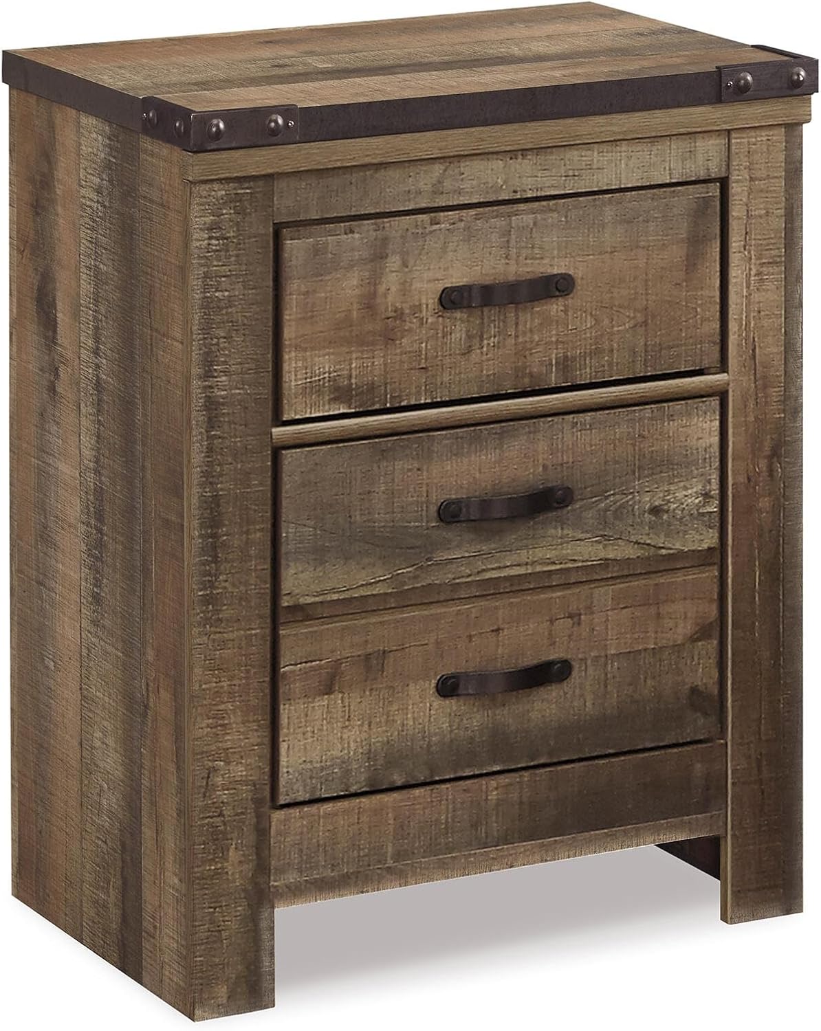 Signature Design by Ashley Trinell 2 Drawer Nightstand, Brown | Engineered wood, Integrated dual USB ports, Rustic plank finish, 25W x 17D x 30H