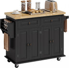 HOMCOM Kitchen Island on Wheels, Rubberwood Top, Spice Rack, Black