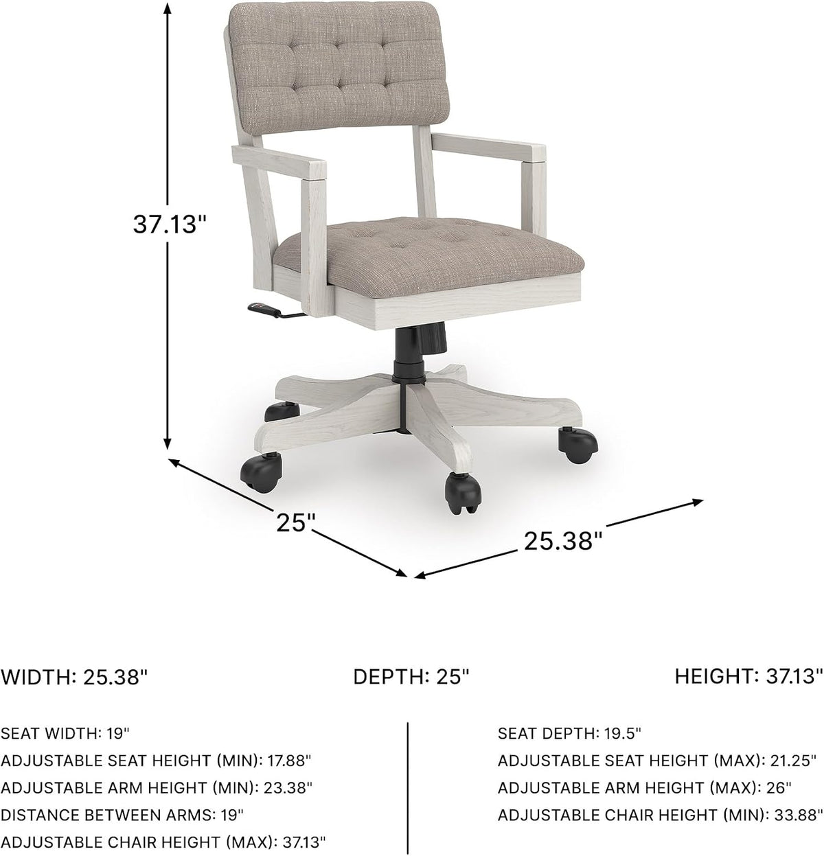 Signature Design by Ashley Robbinsdale Home Office Desk Chair, Farmhouse | Solid wood frame, 360-degree swivel, Tufted light gray fabric, Smooth casters, Adjustable height