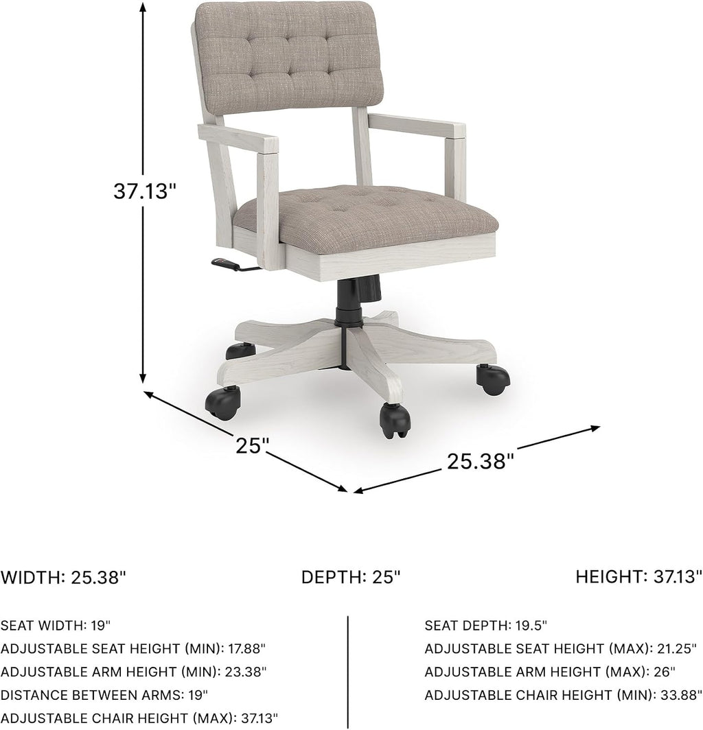 Signature Design by Ashley Robbinsdale Home Office Desk Chair, Farmhouse | Solid wood frame, 360-degree swivel, Tufted light gray fabric, Smooth casters, Adjustable height