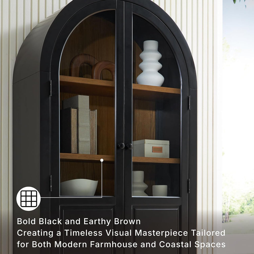 Signature Design by Ashley Tall Arched Display Cabinet, Black/Natural | Tall display console with tempered glass doors and 3 spacious shelves, Easy 15-minute assembly, Dagandale
