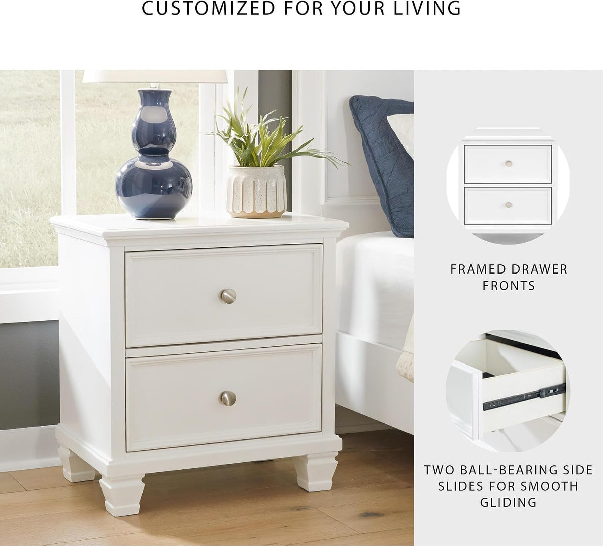 Signature Design by Ashley Fortman White Nightstand, 2 Drawer Storage, Hardwood Solids and MDF Construction, Traditional Wood Bedside Table, 25" W | Hardwood solids and MDF substrate, Smooth-gliding closed storage, Ideal for master and guest rooms