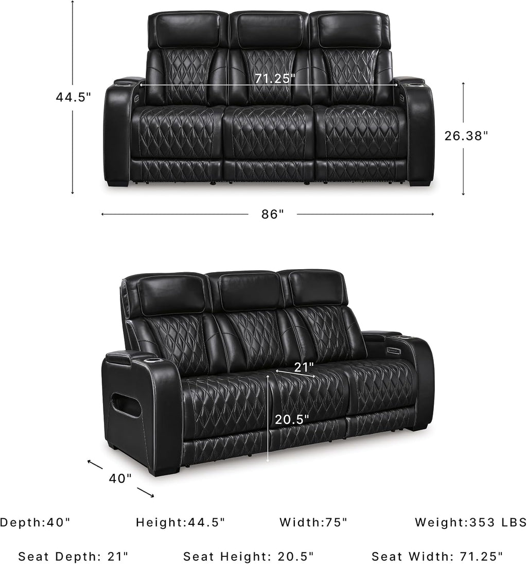 Signature Design by Ashley 3-Seater Leather Power Reclining Sofa, Black | 3-seater power headrest sofa with zero-gravity massage and heat, Drop-down table and arm storage, Boyington Series