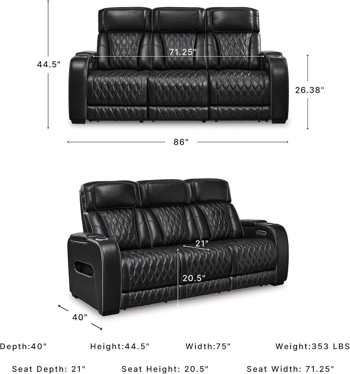 Signature Design by Ashley 3-Seater Leather Power Reclining Sofa, Black | 3-seater power headrest sofa with zero-gravity massage and heat, Drop-down table and arm storage, Boyington Series