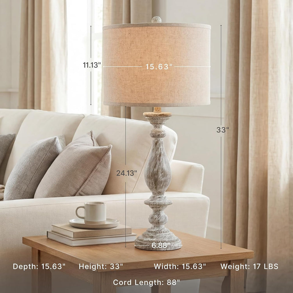 Signature Design by Ashley Table Lamps Set of 2, Tall Farmhouse, Whitewash | Durable 33-inch H cast resin pedestal base, Light fabric drum shade, Farmhouse style for end tables, Bernadate Series