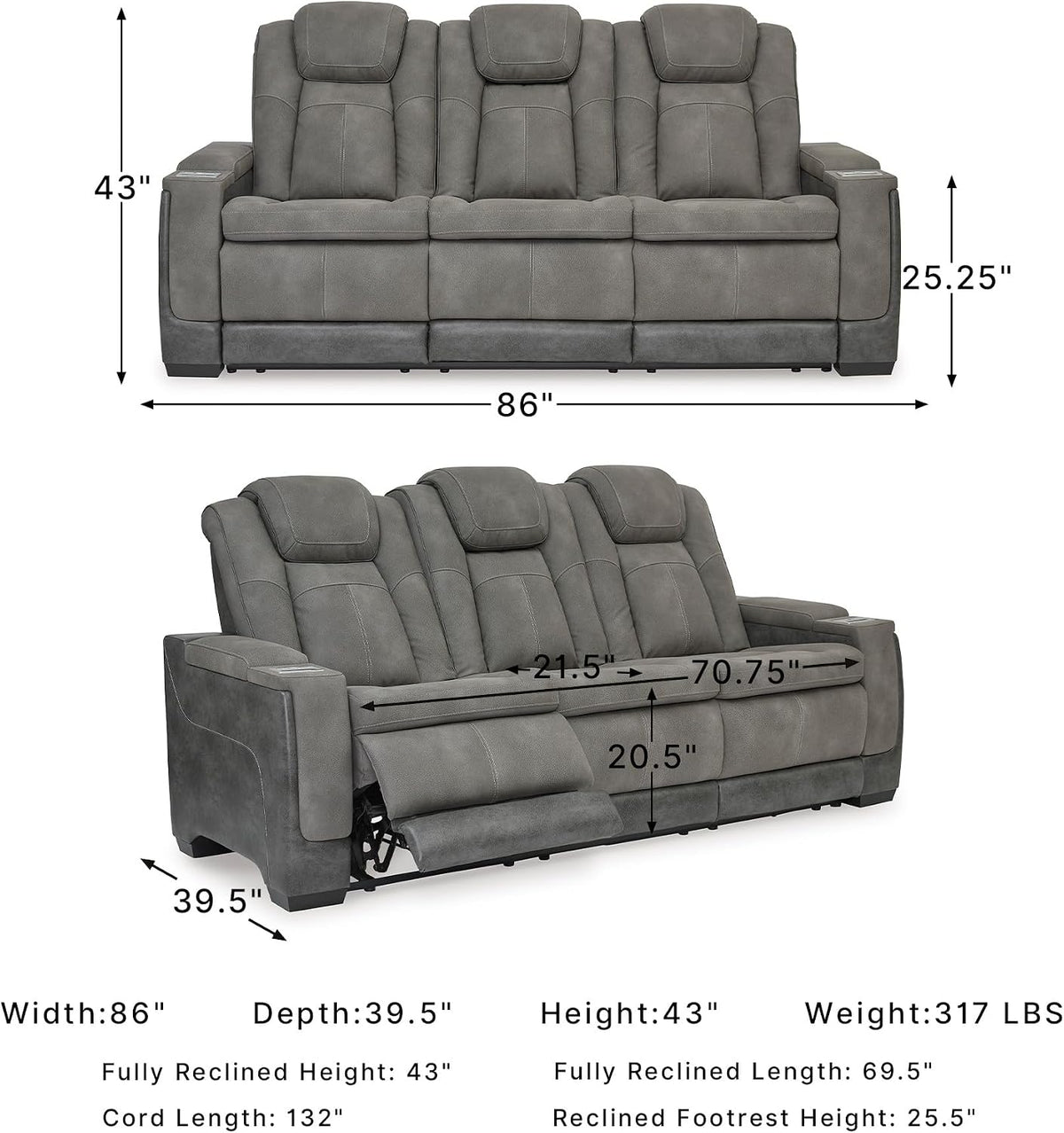 Signature Design by Ashley Faux Leather Power Reclining Sofa, Slate | 15-minute assembly, Zero gravity reclining couch, Drop-down table, Wireless charging, Power headrest, Next-Gen series