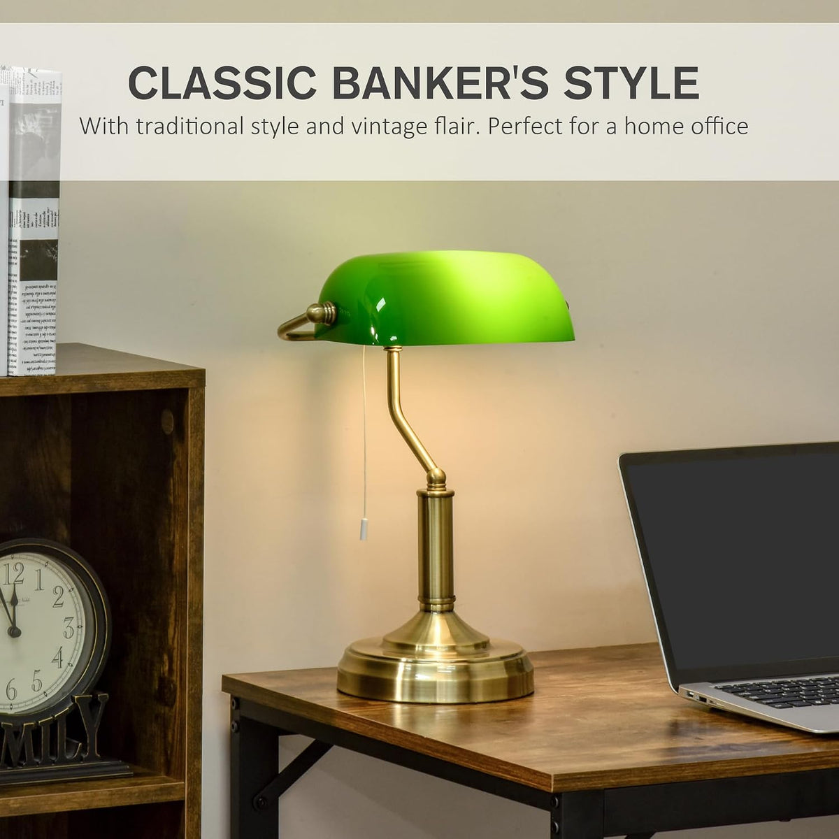 HOMCOM Banker's Table Lamp with Glass Shade Green