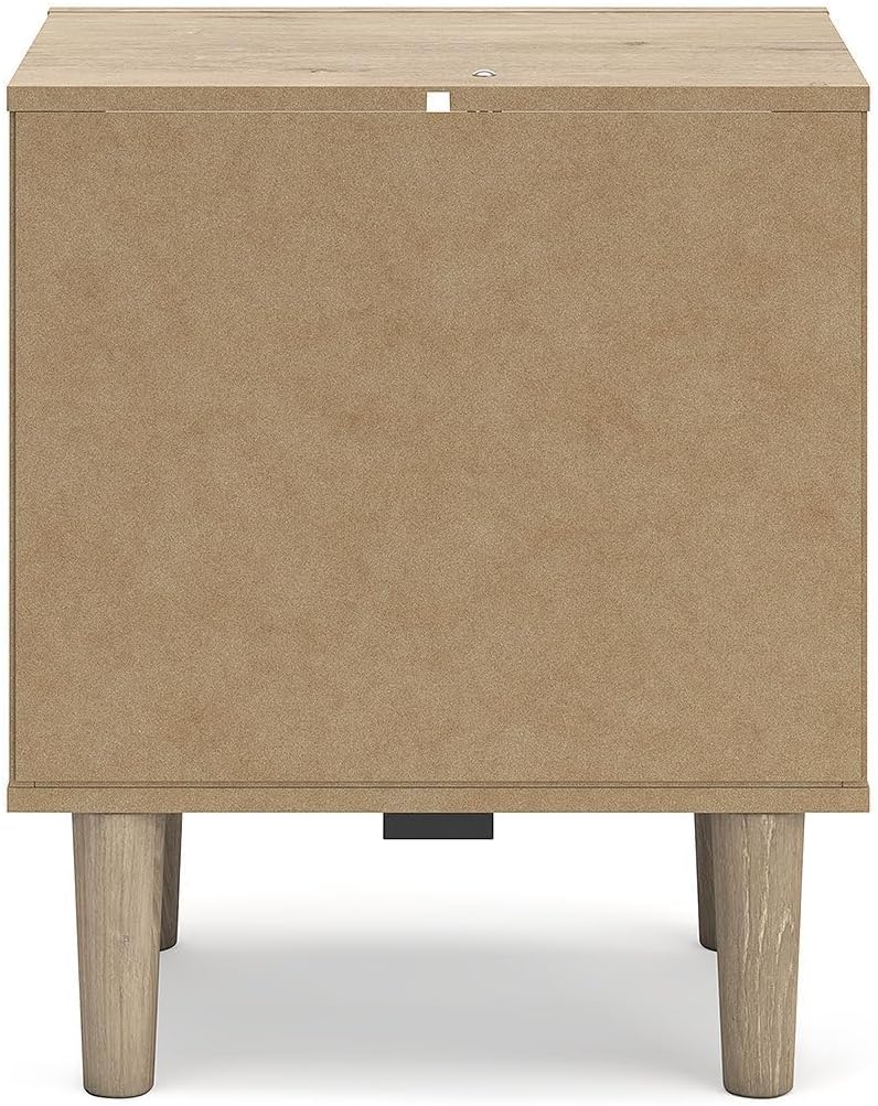 Signature Design by Ashley Cielden Light Brown 1-Drawer USB Nightstand | Two-tone replicated oak and faux cane print, Built-in wireless charging and LED base, Contemporary style for bedrooms