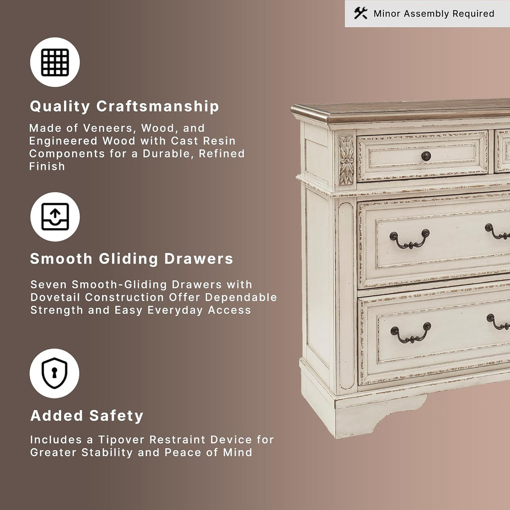 Signature Design by Ashley 7 Drawer Dresser for Bedroom, Two-Tone White | French country aesthetic with distressed wood top, Smooth-gliding dovetail joints and bronze-tone hardware, Realyn Series