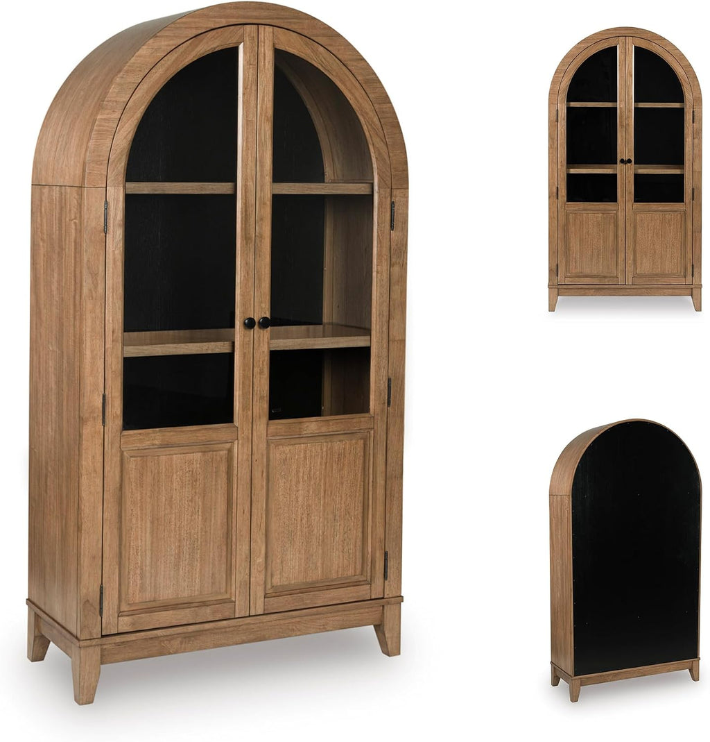 Signature Design by Ashley 74" Wood Glass Display Cabinet, Dagandale | Mango wood veneer construction, Natural and black finish, Spacious 4-tier china cabinet, Living room use