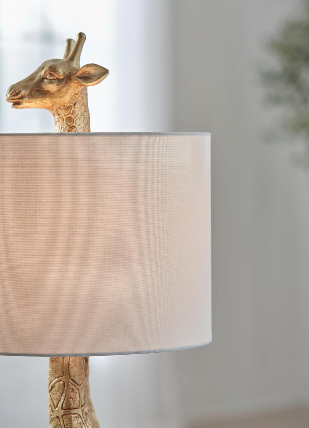 Signature Design by Ashley Giraffe Table Lamp, Goldtone Safari Animal Lamp | Sturdy goldtone polyresin base, Cotton and polyester drum hardback fabric shade, 25-inch tall modern safari style, Ferrison