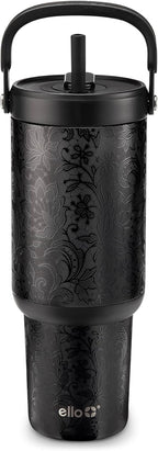 Ello Oasis Go+ 32oz Tumbler with Top Handle and Retracting Straw | Reusable Insulated Stainless Steel Cup, 100% Leakproof Water Bottle, 24 Hours Cold, Cup Holder Friendly For Travel | Black Lace