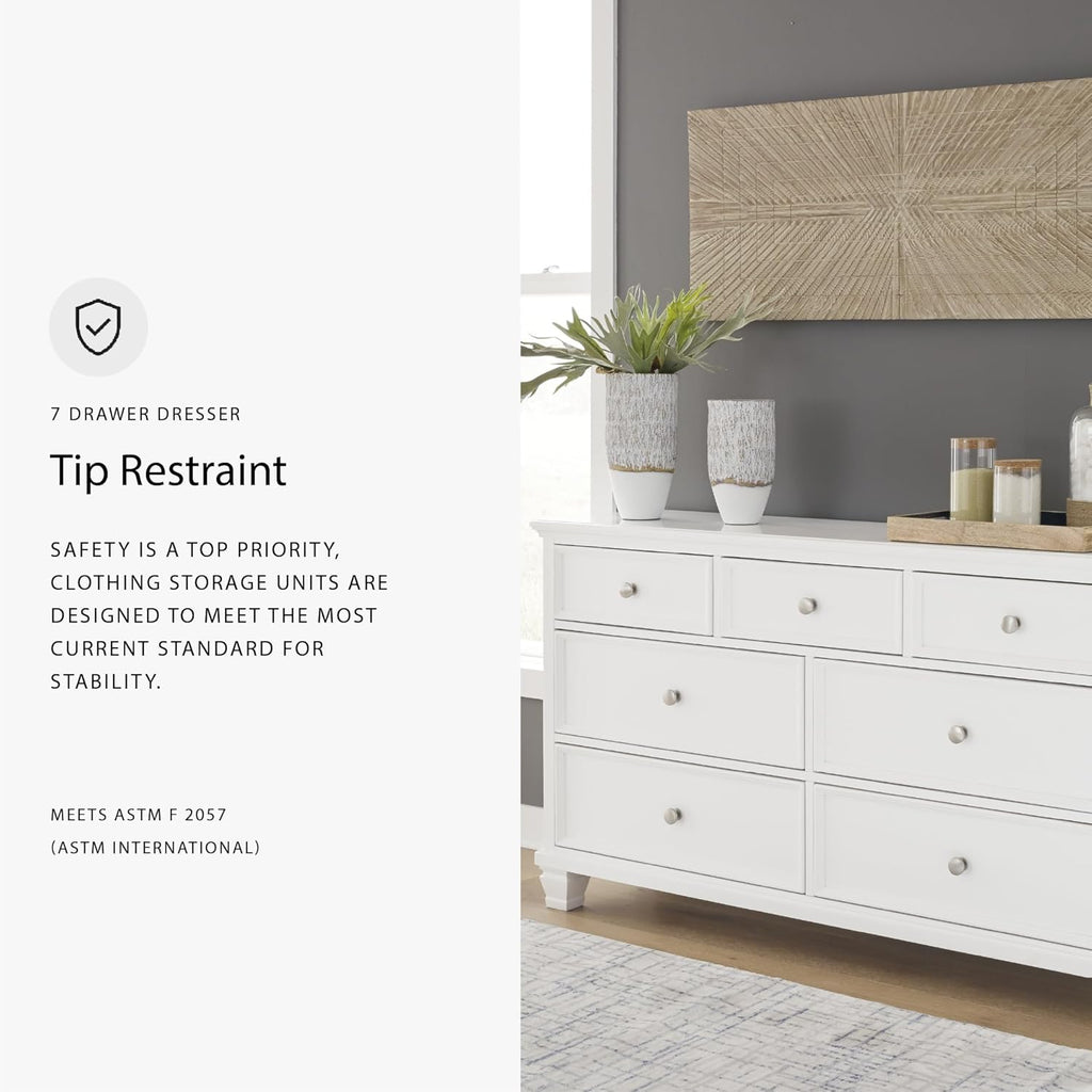 Signature Design by Ashley Fortman White 7-Drawer Wide Dresser for Bedroom | Painted wood chest, Tapered feet, Smooth ball-bearing glides, Durable hardwood solids and MDF substrate construction