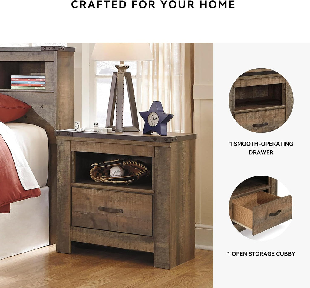 Signature Design by Ashley Trinell Nightstand with Charging Station | Dual USB ports, Engineered wood construction, Open storage cubby, Smooth-operating drawer, Antiqued bronze-tone hardware