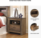 Signature Design by Ashley Trinell Nightstand with Charging Station | Dual USB ports, Engineered wood construction, Open storage cubby, Smooth-operating drawer, Antiqued bronze-tone hardware