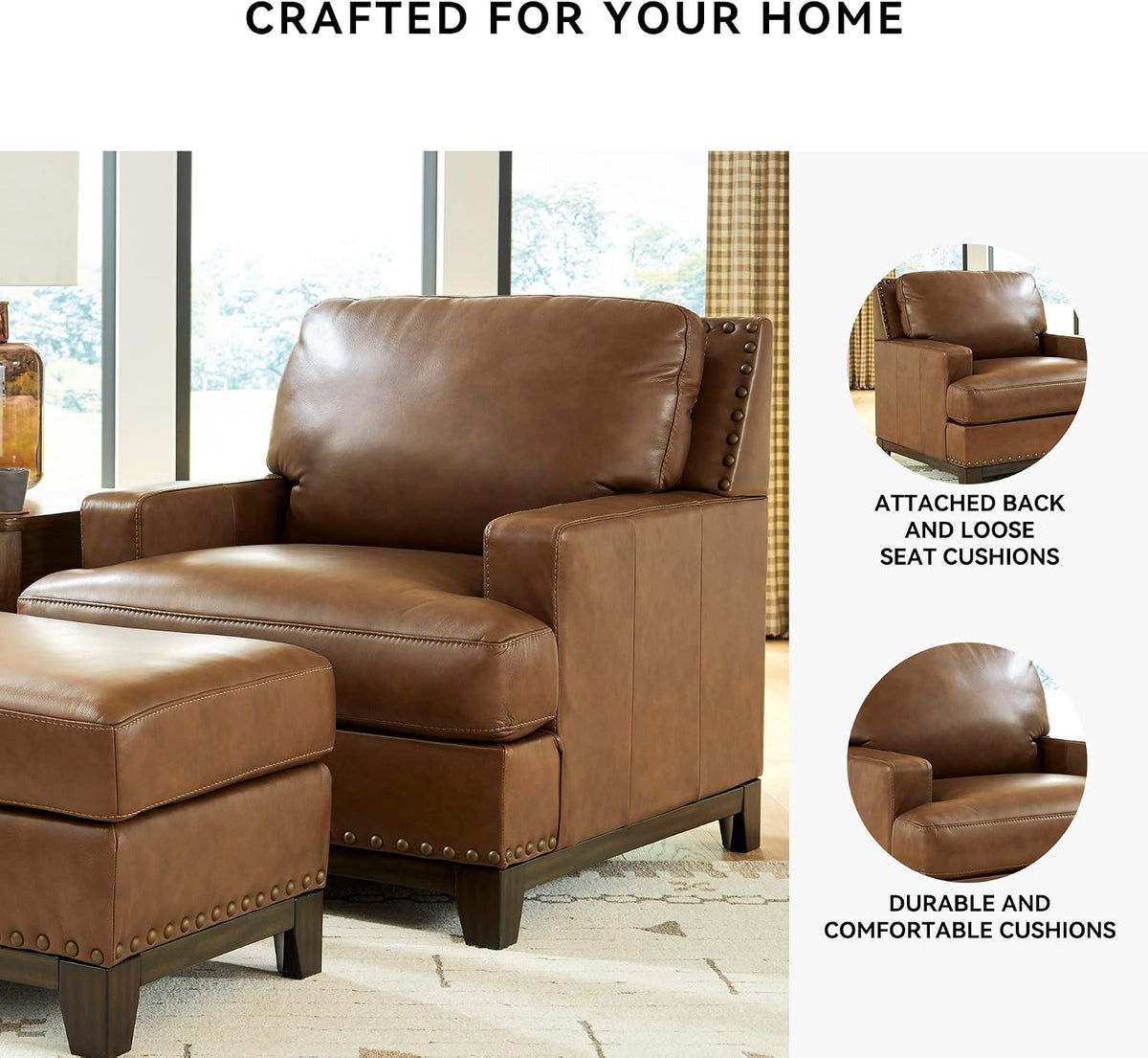Signature Design by Ashley Oversized Brown Leather Accent Chair, Amber | Genuine and faux leather with brass-tone nailhead trim, Faux wood base, No assembly living room chairs, Brendola Series