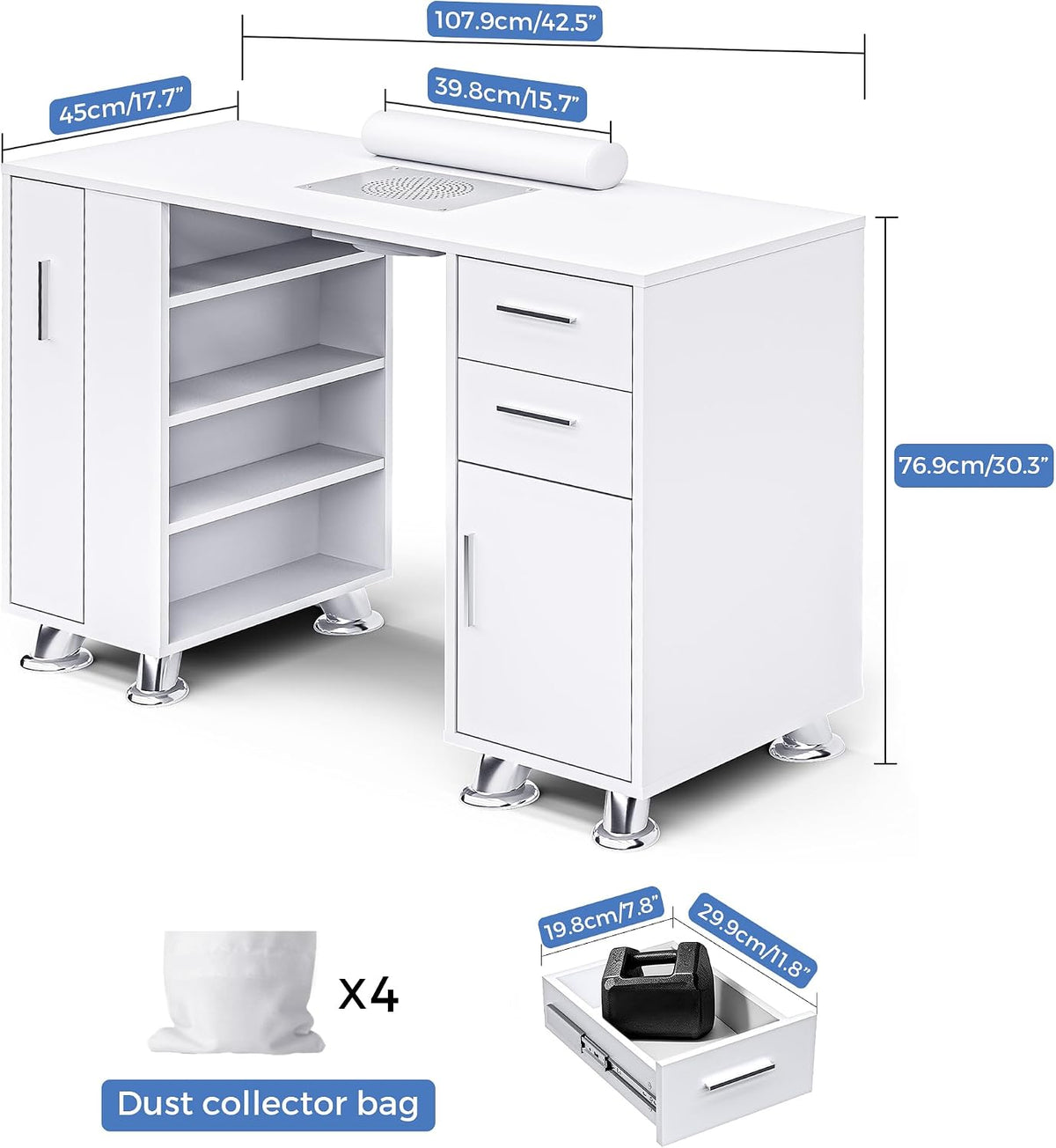 Nail Desk,Professional Manicure Table with Wrist Rest,2 Drawers&Cabinet