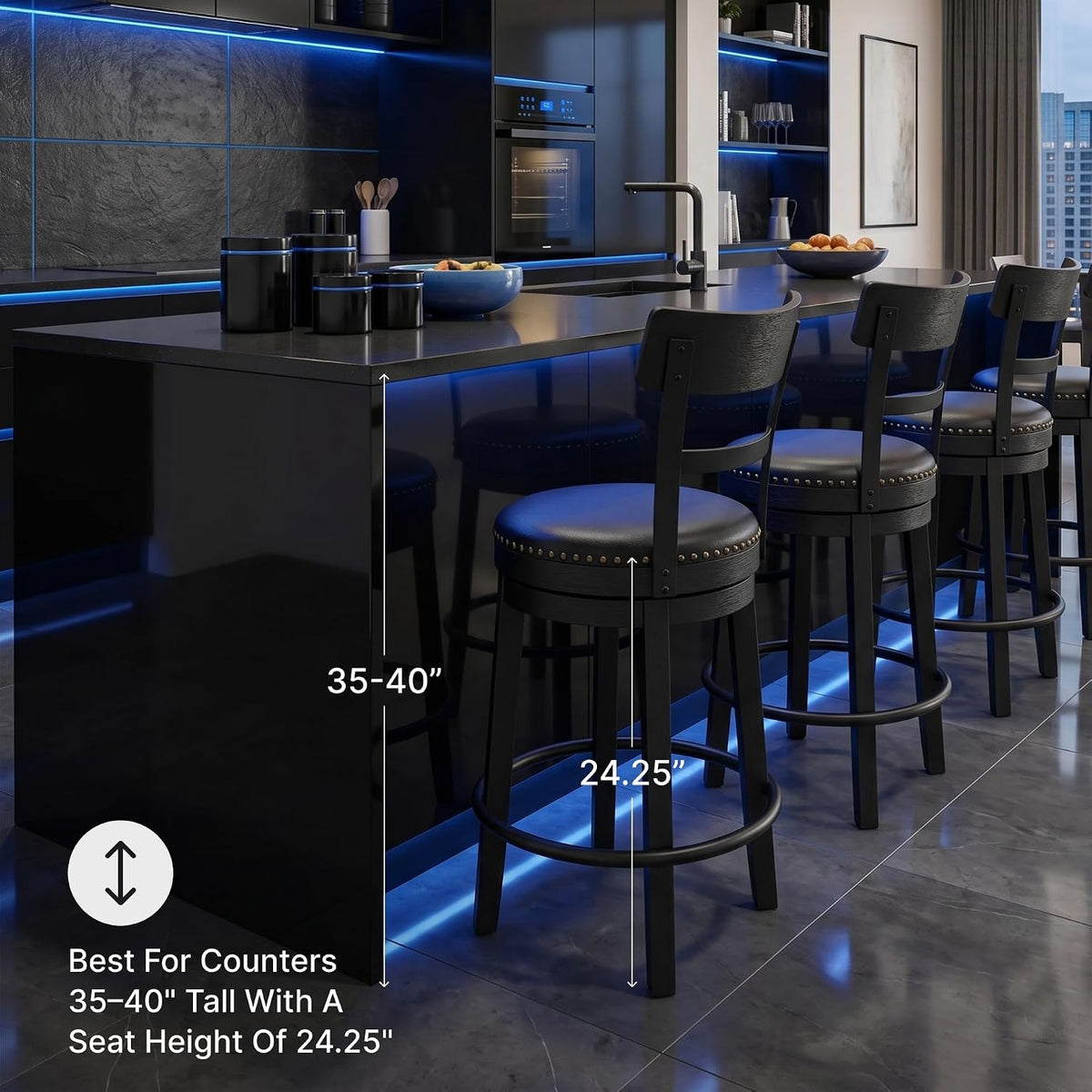 Signature Design by Ashley 1-Piece Counter Height Bar Stool, Black Swivel | Easy-clean leather and faux leather combination seat, Rustic farmhouse style with antiqued finish, Valebeck Series