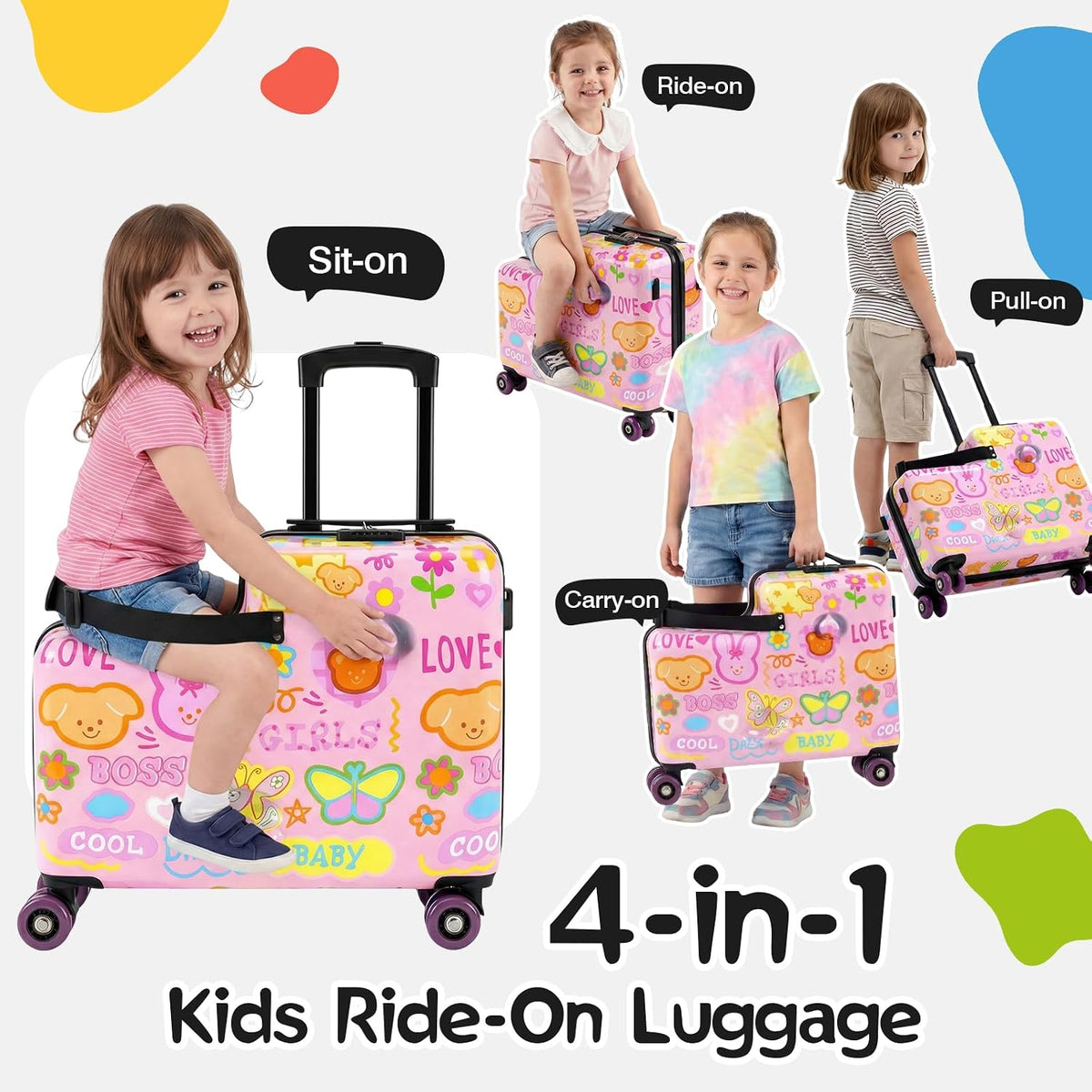 20" Ride On Luggage for Kids,Cute Pattern,Lightweight Hardshell Carry-On Luggage with Double Spinner Wheels,TSA Lock,Circular Handrail,Safety Belt,Foot Pedal,for Boys&Girls,Load Cap. 120 lbs (Pink)