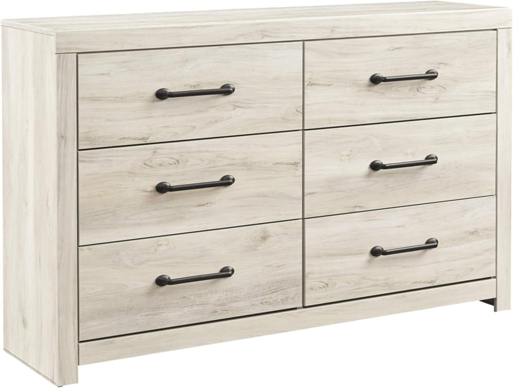 Signature Design by Ashley Cambeck 6 Drawer Dresser, Farmhouse White Wood | 59"W double dresser in engineered wood and decorative laminate, 6 drawers with faux linen lining, Includes tip restraint