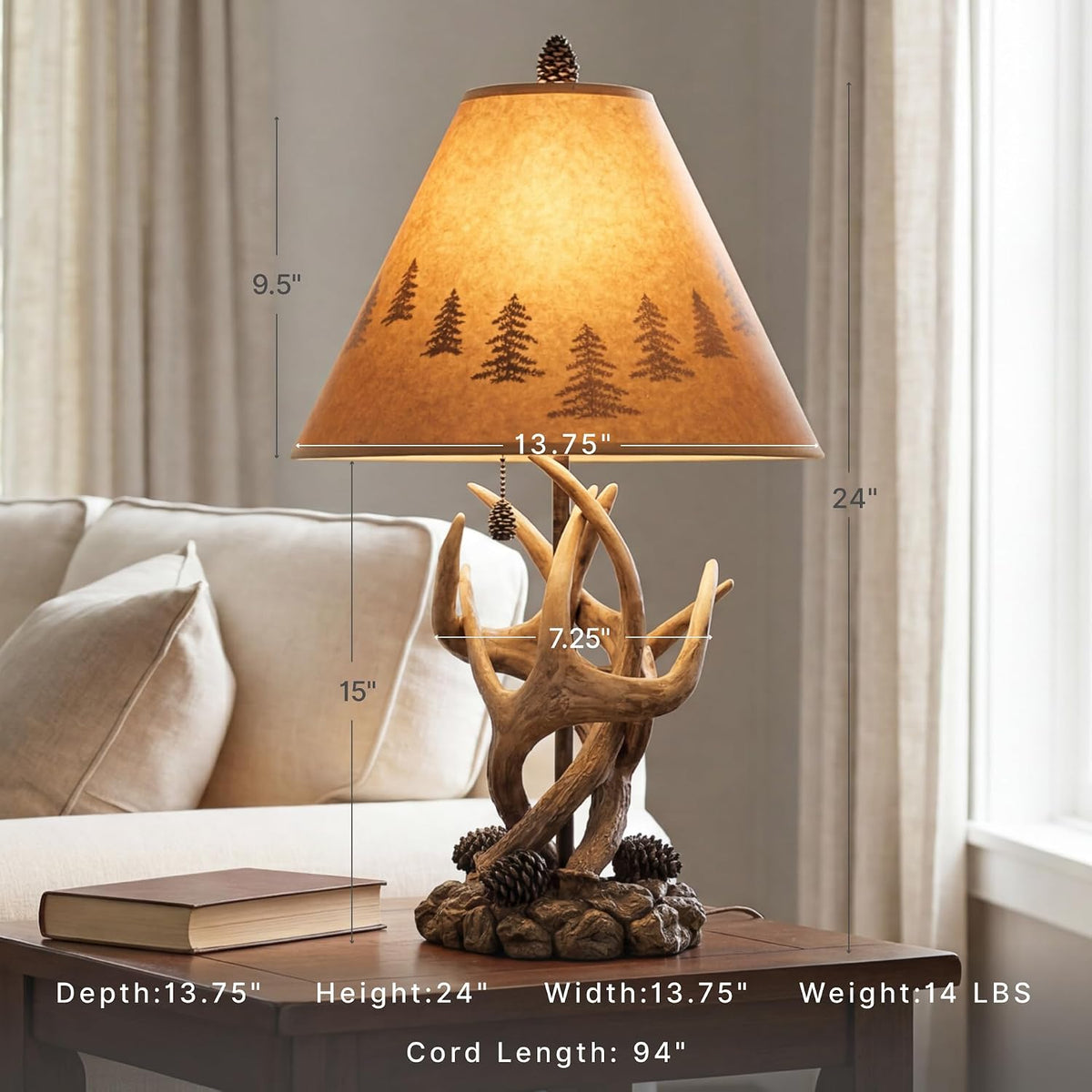 Signature Design by Ashley Derek Rustic Table Lamps, Living Room, Set of 2 | Durable poly resin antler base, Warm translucent paper silhouette shade projecting forest scenes, Rustic cabin style