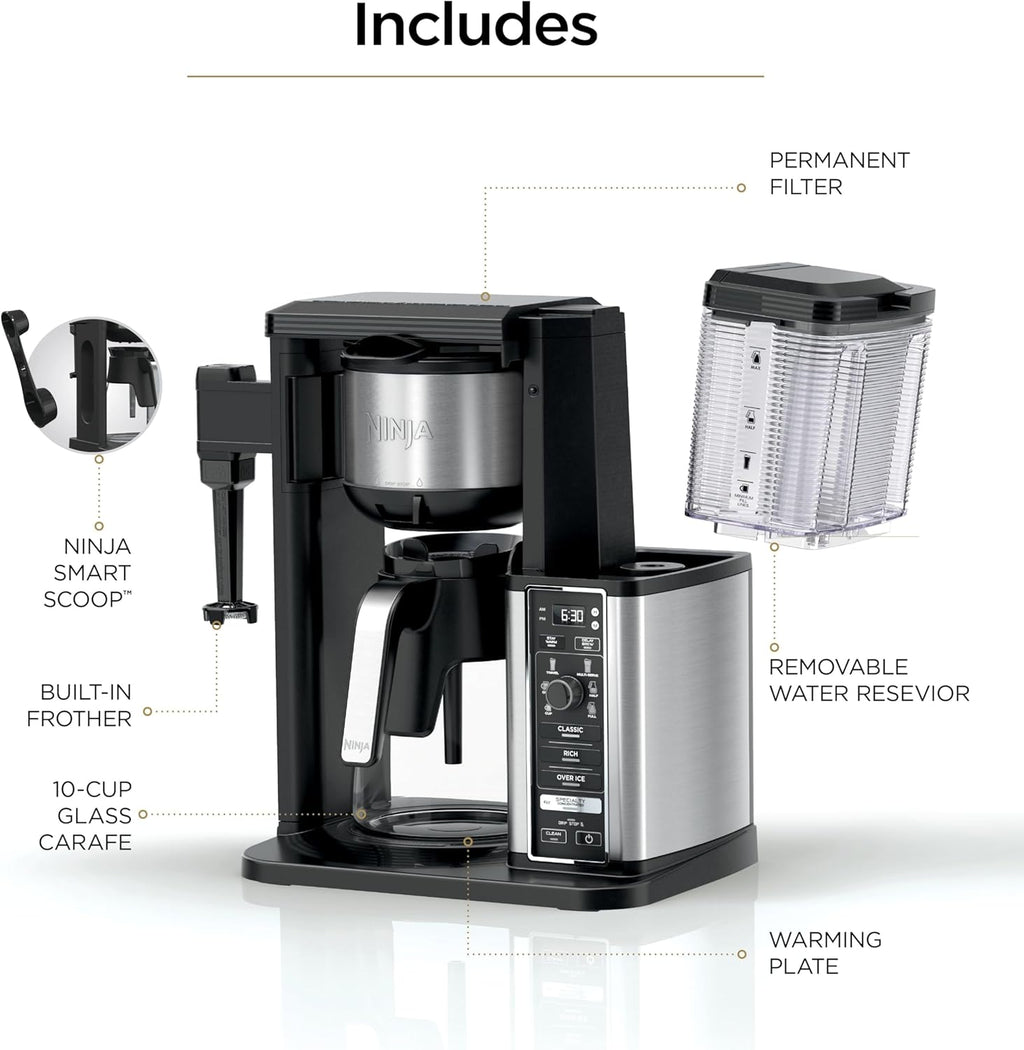 Ninja Coffee Maker, 10-Cup Carafe, Fold-Away Frother, Black, CM401 | Permanent Filter & Removable, Dishwasher Safe Reservoir, 6 Brew Styles, 8 Cup to Travel Mug to Pot Sizes