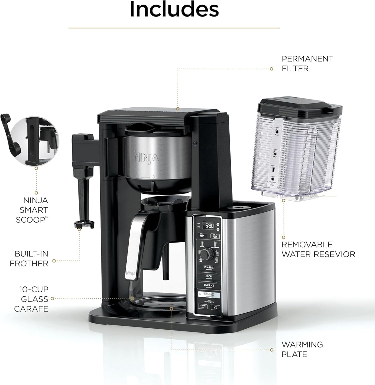 Ninja Coffee Maker, 10-Cup Carafe, Fold-Away Frother, Black, CM401 | Permanent Filter & Removable, Dishwasher Safe Reservoir, 6 Brew Styles, 8 Cup to Travel Mug to Pot Sizes
