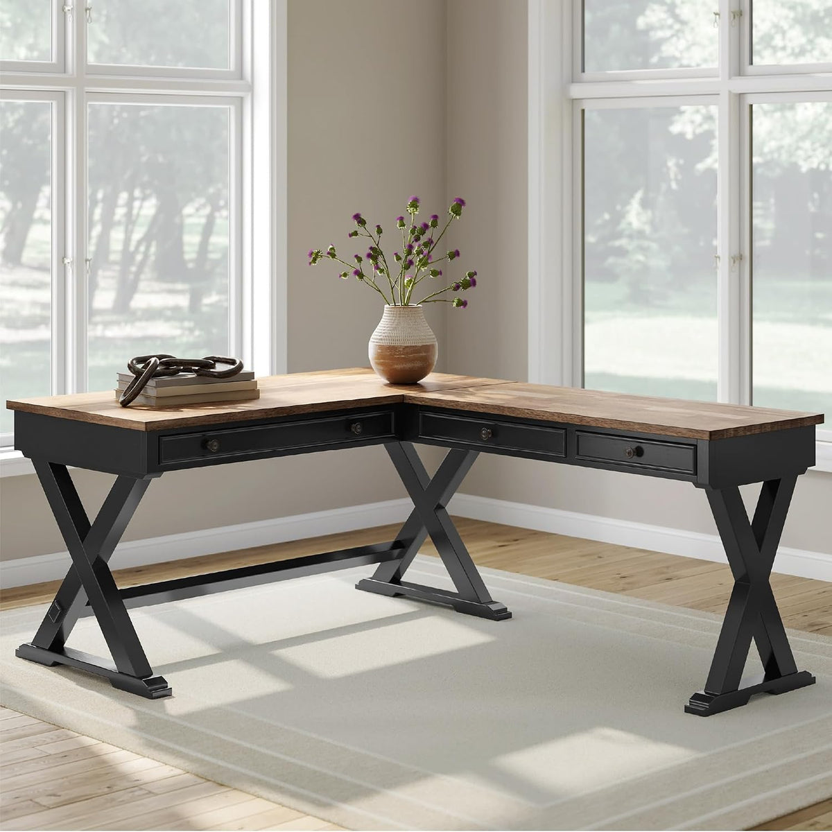 Signature Design by Ashley 2-Piece L-Shaped Corner Desk, Black/Brown | Hardwood solids, Mango wood veneer and MDF substrates, Modern farmhouse style, Dovetail drawers, Wildenauer Series