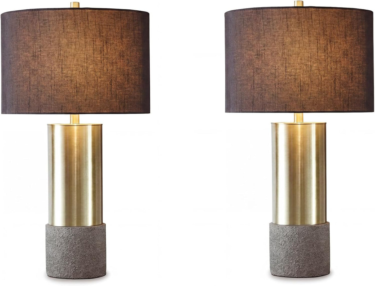 Signature Design by Ashley Jacek Contemporary Table Lamp Set of 2 | Textured faux concrete and brass-finished metal, Black drum shade with goldtone foil interior, Living room and bedside use