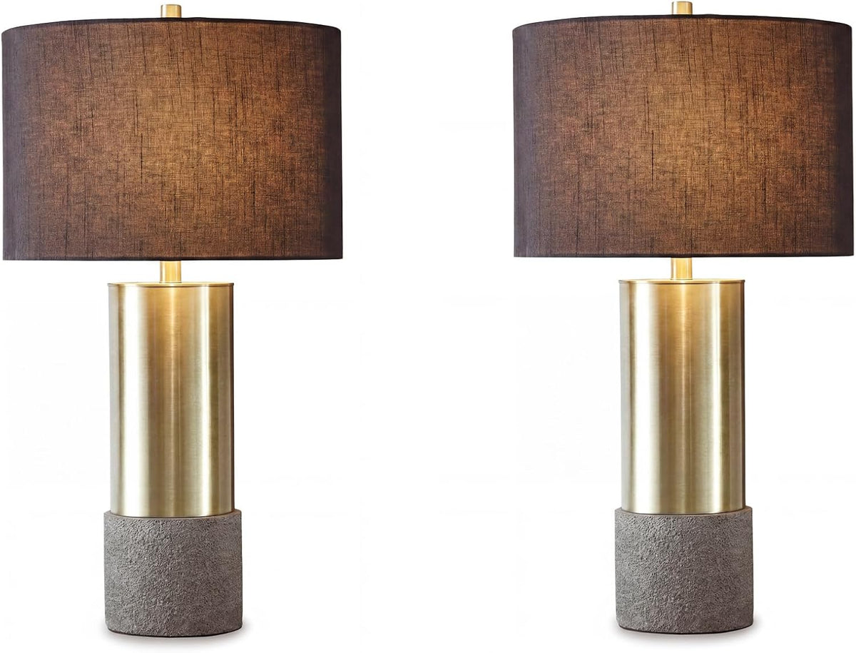Signature Design by Ashley Jacek Contemporary Table Lamp Set of 2 | Textured faux concrete and brass-finished metal, Black drum shade with goldtone foil interior, Living room and bedside use