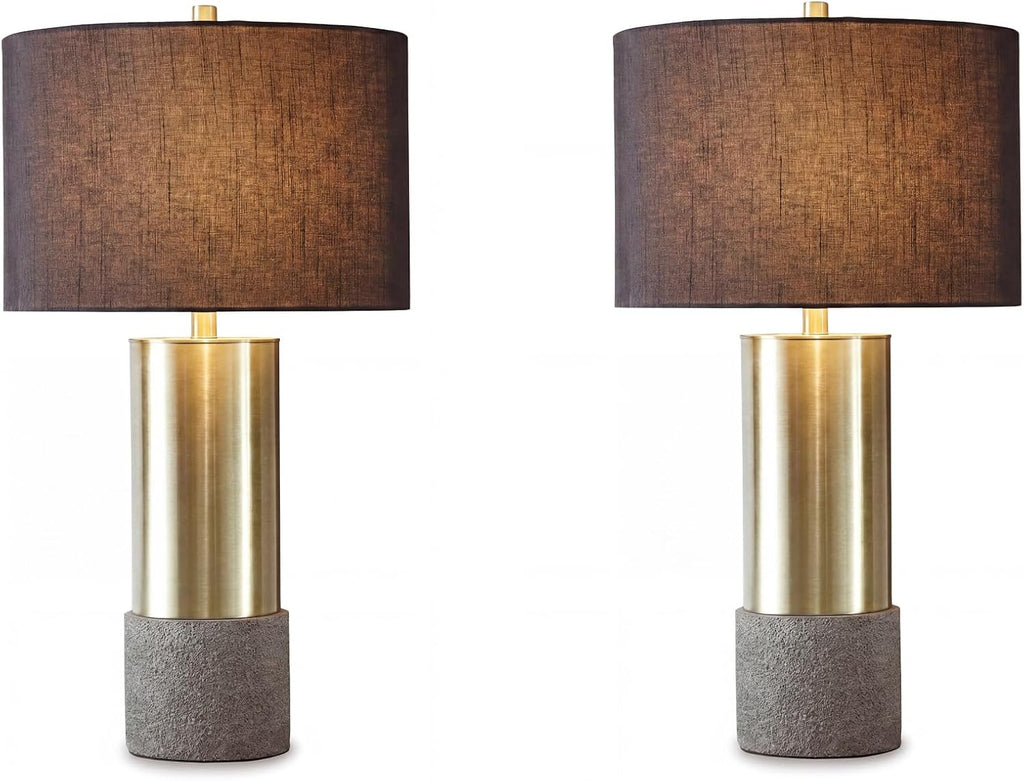 Signature Design by Ashley Jacek Contemporary Table Lamp Set of 2 | Textured faux concrete and brass-finished metal, Black drum shade with goldtone foil interior, Living room and bedside use