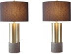 Signature Design by Ashley Jacek Contemporary Table Lamp Set of 2 | Textured faux concrete and brass-finished metal, Black drum shade with goldtone foil interior, Living room and bedside use