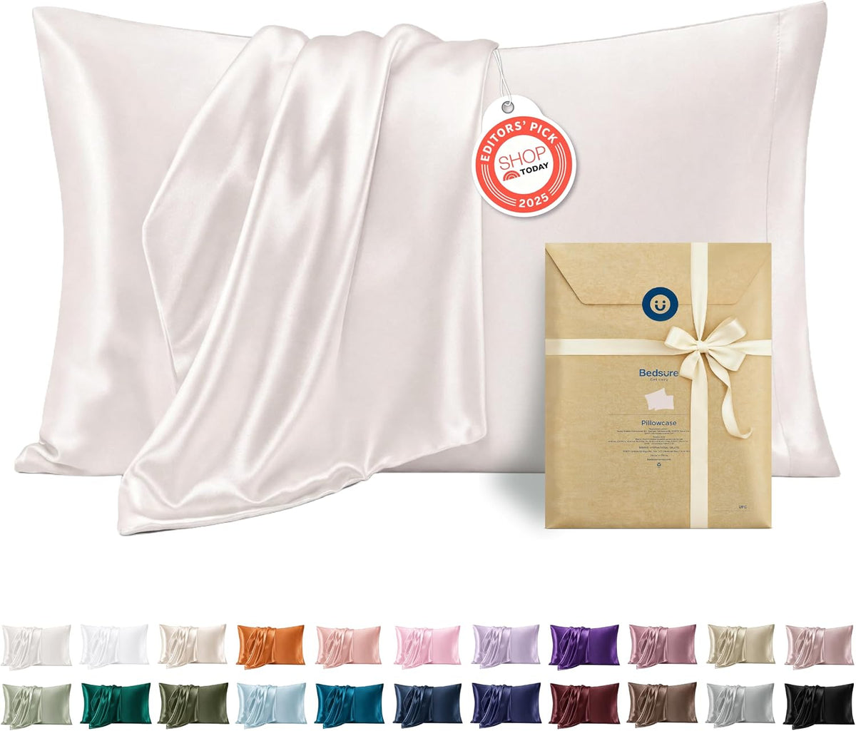 Bedsure Satin Pillowcase Standard Set of 2, Silky Pillow Cases, Beige