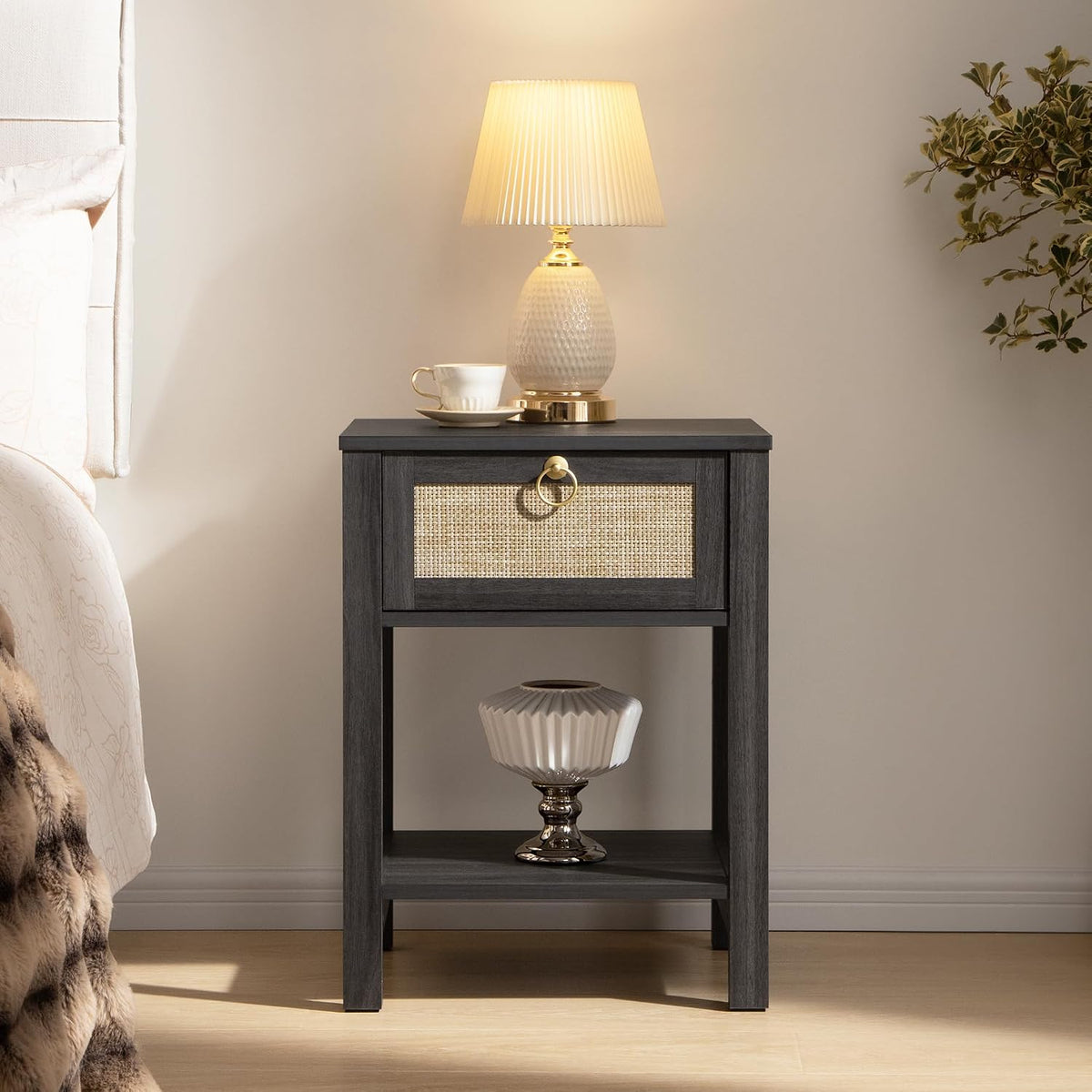 SICOTAS Rattan Nightstand Set of 2 with Storage Shelf, Boho Bedside Tables