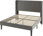 Allewie Queen Size Velvet Bed Frame/Vertical Channel Tufted Wingback Headboard/Upholstered Platform Bed/Strong Wooden Slats/No Box Spring Needed/Easy Assembly/Grey