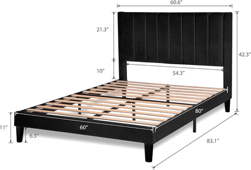 Allewie Queen Bed Frame/Velvet Upholstered Bed Frame with Vertical Channel Tufted Headboard/Strong Wooden Slats/Platform Bed Frame/Mattress Foundation/Box Spring Optional/Easy Assembly/Black