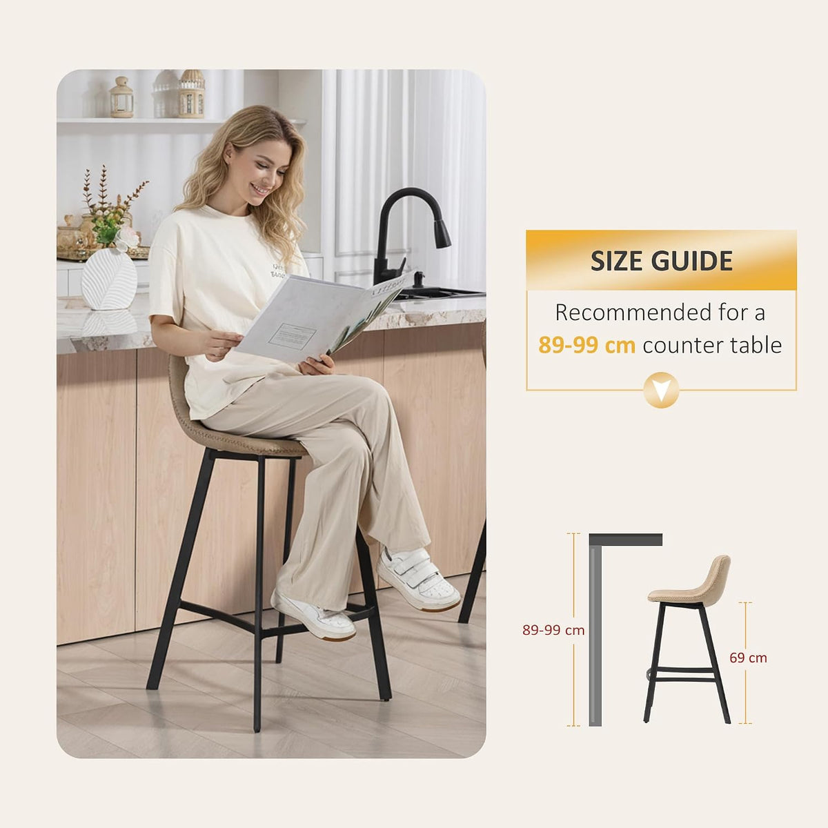 HOMCOM Bar Stools Set of 2 PU Leather Upholstery with Backrest Light Brown