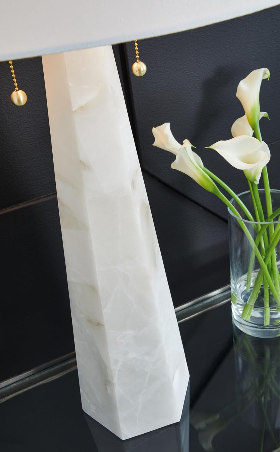 Signature Design by Ashley Laurellen Alabaster Table Lamp, Dual Pull Chain | White stone resin blend, 60W max per socket, Marble table lamp alternative, Luxe modern bedroom decor, 90-inch power cord