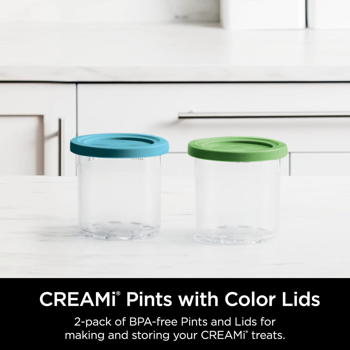 Ninja® CREAMi® Original Pints 2 Pack with Storage Lids, XSKPLID2CD | Original Ninja® CREAMi® 2 Pack Pints with Storage Lids in Lime and Aqua. Compatible with NC300 and NC350 Series.