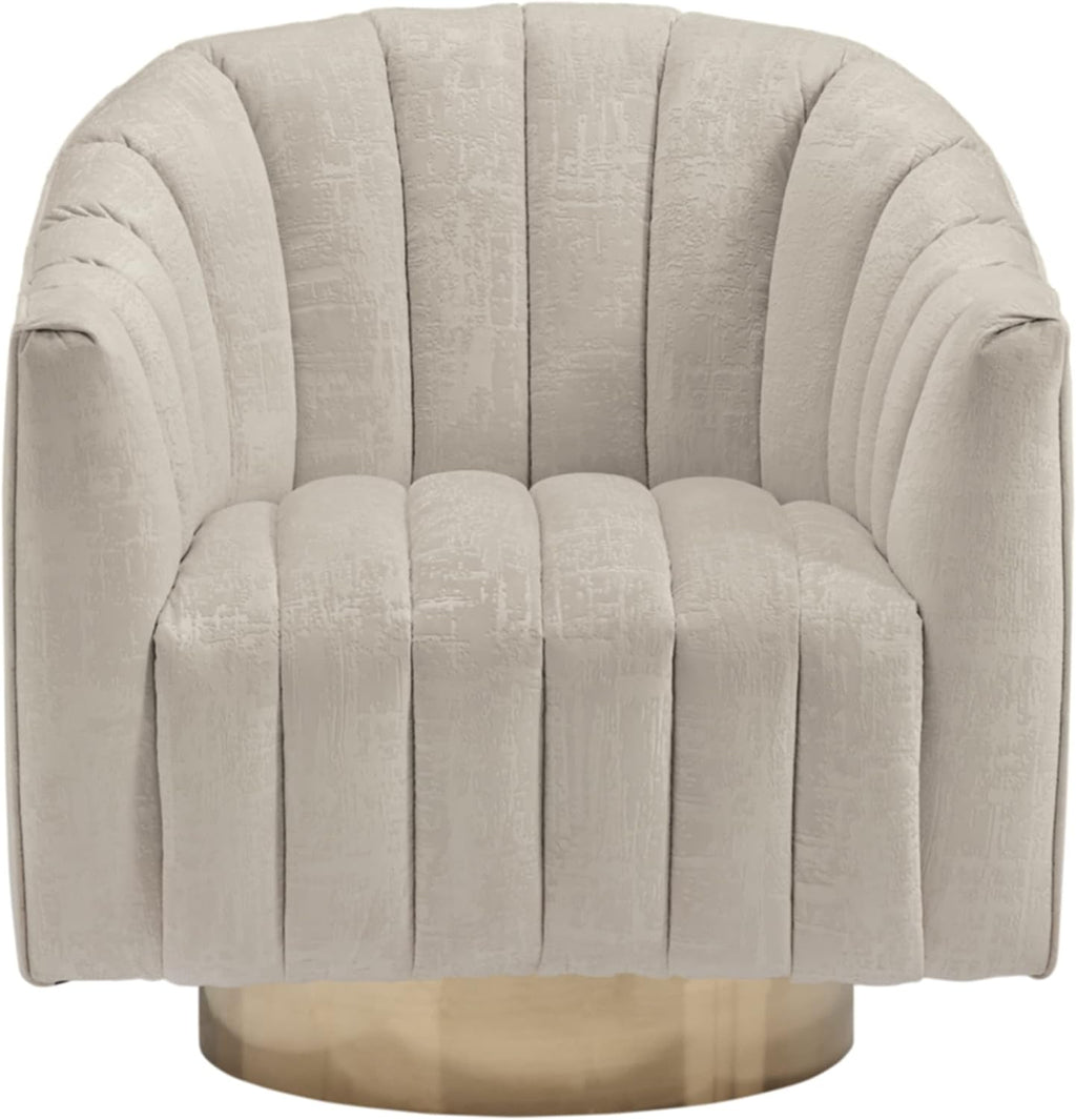 Signature Design by Ashley Swivel Barrel Accent Chair, Pearl, Penzlin | Textured velvet barrel chair with brass-tone metal pedestal base, Cozy lounge seating for reading nooks