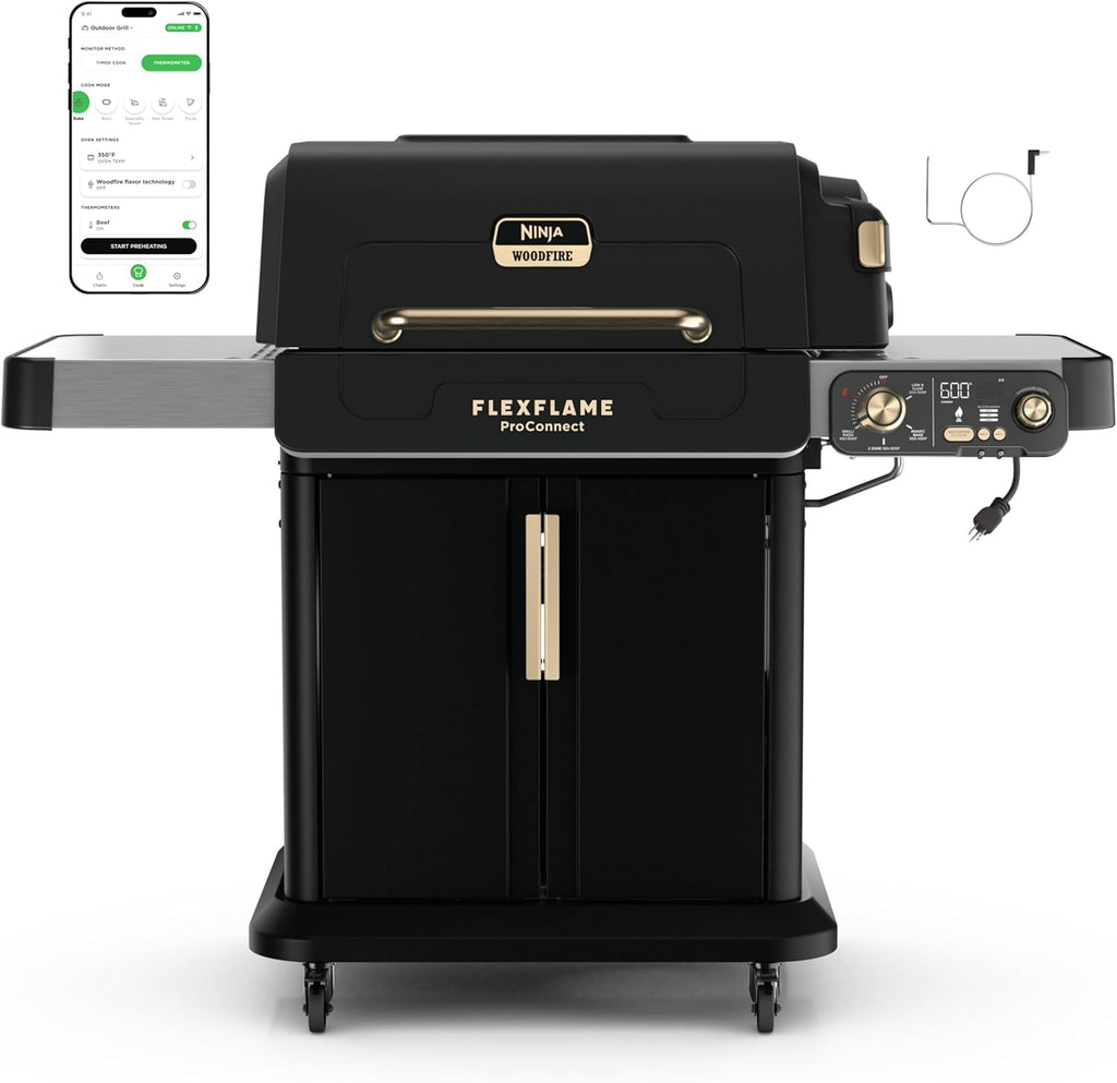 Ninja FlexFlame ProConnect Grill & Smoker, 5-in-1, Black/Gold, PG305 | Ninja FlexFlame ProConnect smokes & griddles with 200-600°F precision, synced to your phone for real-time cook alerts.