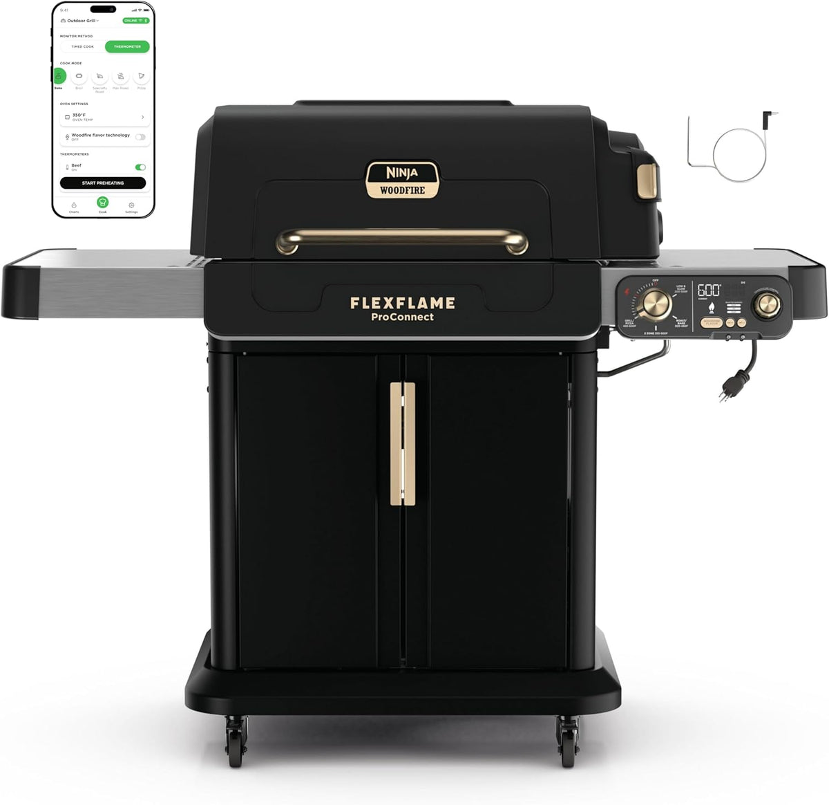 Ninja FlexFlame ProConnect Grill & Smoker, 5-in-1, Black/Gold, PG305 | Ninja FlexFlame ProConnect smokes & griddles with 200-600°F precision, synced to your phone for real-time cook alerts.