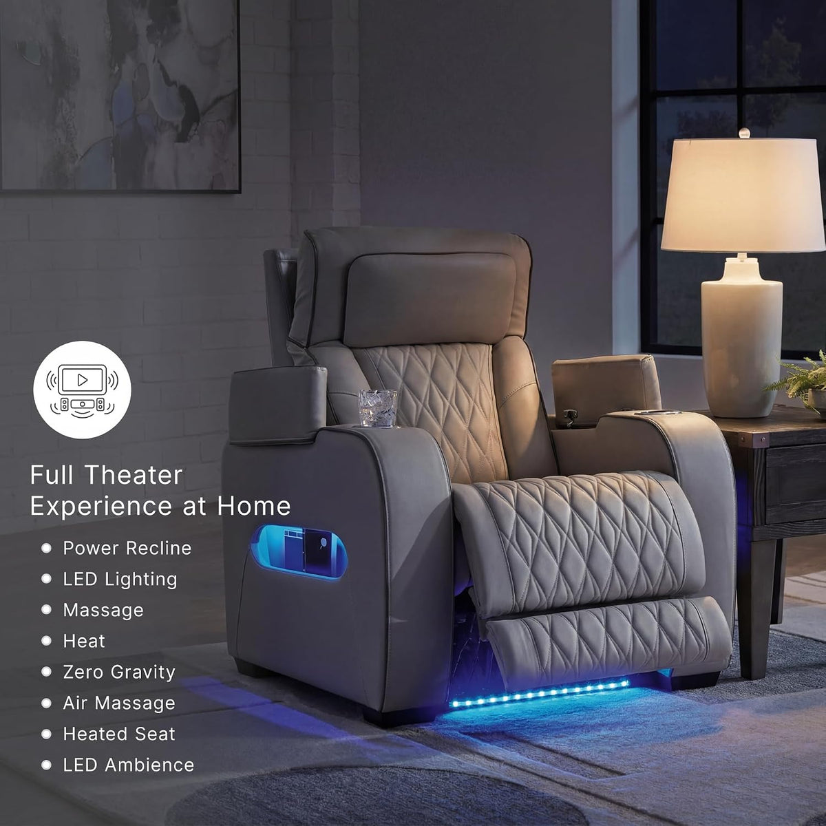 Signature Design by Ashley Boyington Zero Gravity Power Recliner, Gray | Leather match upholstery, Built-in air massage, Heated seat, Adjustable headrest, Dual cup holders, Home theater design