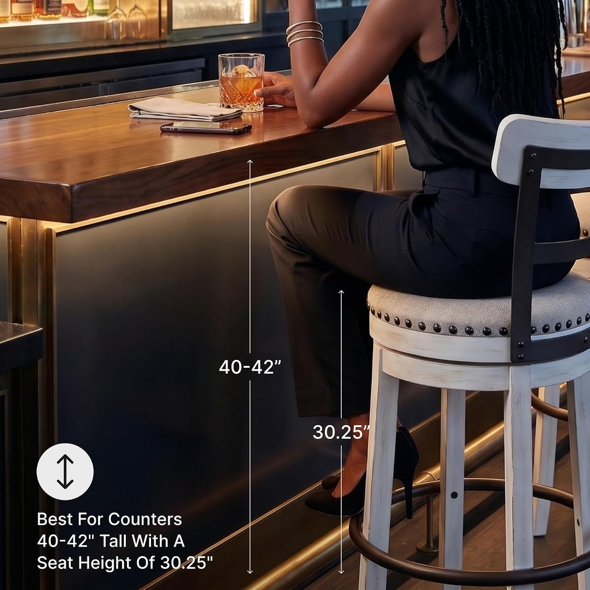 Signature Design by Ashley Valebeck 1-Piece Swivel Barstool, 30 In | Rustic white bar stools, Wood, engineered wood and metal frame, Cushioned polyester seat for pub tables, Farmhouse style